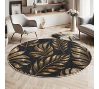 Tropical Plant Pattern Rugs Round ø 160cm Living Room Jungle Palm Leaf Design Non-Slip Area Rug Round Machine Washable Floor Carpet Short Pile Soft Circle Rug for Bedroom Nursery, Black And Gold