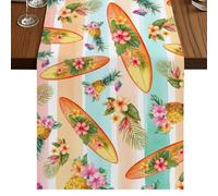 Tropical Plant Table Runner, Pineapple Surfboard Pink Flowers Summer Green Orange Striped Cotton and Table Linen Runner for Kitchen Dining Home Decor for Party Festival Holiday Decoration Gift 13x36in