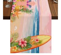 Tropical Plant Table Runner, Pineapple Surfboard Pink Flowers Summer Watercolor Beach Cotton and Table Linen Runner for Kitchen Dining Home Decor for Party Festival Holiday Decoration Gift 18x72in
