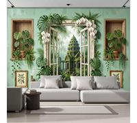 Tropical Plant Windows Non-Woven Wallpaper - Green Antique Rainforest Architecture Wall Mural For Bedroom, Living Room Background Decoration, 3D Photo Wall Paper Poster Picture 300X210Cm (Wxh)