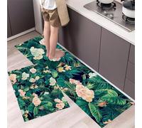 Tropical Plants And Flowers Kitchen Rug Set 2 Pieces, Non-Slip and Washable Kitchen Runner Mat Tropical Garden Standing Mats for Hallway, Dining Room and Entryway - 40x60cm+40x120cm, Dark Green