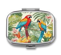 Tropical Plants and Parrot Pill Case 2 Compartments Metal Small Pill Box Travel Pill Organizer Portable Pill Container Mini Daily Pill Holder Vitamin Container Fish Oil