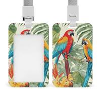Tropical Plants and Parrots ID Badge Holder with Lanyard Vertical Badge Reel Clip Durable Clear Window Name Tag ABS Plastic Push-Pull Design ID Card Holder for Office, Nurses, Employees