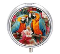 Tropical Plants and Parrots Pill Box - 3 Compartment Travel Pill Organizer with Small Mirror, Portable Pillcase for Pocket & Purse, Cute Round Medicine Case, Weekly Medicine Container