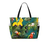 Tropical plants and parrots Print Beach Bags for Women Large Sandproof Beach Tote Pool Bag with Zipper for Vacation Travel
