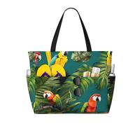 Tropical plants and parrots Print Beach Bags for Women Large Sandproof Beach Tote Pool Bag with Zipper for Vacation Travel