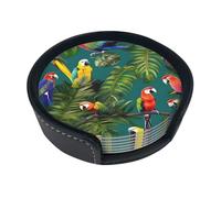 Tropical plants and parrots print Coasters, 6 Pcs PU Coasters for Drinks, Bars, Party, Birthday Gifts Home Decor Housewarming