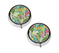 Tropical Plants and Parrots Print Pill Box 3 Compartment Medicine Pill Case,Portable for Pocket Or Purse Pill Organizer Decorative Metal Medicine Vitamin Organizer Unique Gift