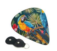 Tropical plants and parrots Printed Guitar Picks, 6 Pack with Leather Keychain Pick Holder - 0.46mm, 0.71mm, 0.96mm Assorted Thickness for Acoustic Ukulele, Electric Guitar, Acoustic Guitar, Bass