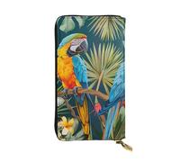 Tropical Plants And Parrots Printed Leather Wallet with 12 Card Holder and 370 Money Clip, Long Clutch for Men Women