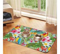 Tropical Plants And Parrots Printing Pet Absorbent Leather Tablecloth For Dogs Cats Food Mat 23.62in*15.75in 4mm Thick
