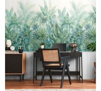 Tropical Plants And Wood Slats 2 In 1 Vinyl Wallpaper White As Creation 39810-1