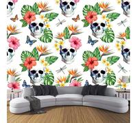 Tropical Plants Butterflies Panoramic Wallpaper, Non-Woven Art Print Skull Flowers Leaves Wall Mural Decor, White Photo Wallpaper for Living Room Bedroom Home Decoration Wall Poster 350 x 256 cm
