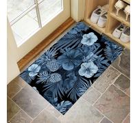 Tropical Plants Door Mats 45 X 75 Cm, Washable Indoor Doormat Tpr Non-Slip, Dirt Trapper Front Door Mat Inside, Hibiscus Flowers, Palm Leaves Absorbent Entrance Rug For Entryway, Pets Dogs - Blue