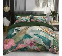 Tropical Plants Duvet Cover Set 135x200cm Soft Lightweight 2Pcs Bedding Set with 1 Pillowcase Watercolor Floral Print All Season Microfibre Polyester Quilt Cover with Zipper Closure,Pink Green
