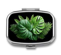 Tropical Plants Green Leaves Monstera Palm Pill Box 2 Compartment Portable Medicine Pill Case Travel Pill Organizer for Pocket Purse