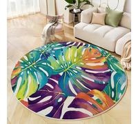 Tropical Plants Leaves Round Area Rug 160cm, Washable Non-Slip Indoor Decor Colorful Circle Rug, Soft Non-Shed Lightweight Watercolor Monstera Leaves Print Carpet, for Bedroom Nursery Playroom