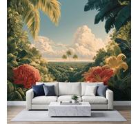 Tropical Plants Mural Wallpaper, TV Background Wall Mural W400 x H280 cm | Non-Woven Photo Wallpaper Mural, Palm Trees Blue Sky White Clouds Feature Wall Decor for Bedroom Living Room Office Hallway