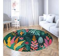 Tropical Plants Round Washable Rug 140cm Colorful Jungle Leaves Print Decor Non Slip Large Circle Carpet for Study Room Dining Room Balcony