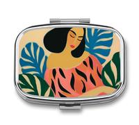 Tropical Plants Woman Boho Vintage Pill Box 2 Compartment Portable Medicine Pill Case Travel Pill Organizer for Pocket Purse
