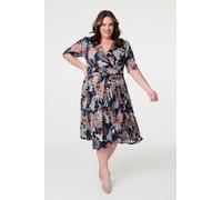 Tropical Print 1/2 Sleeve Midi Wrap Dress Izabel London Blue 8