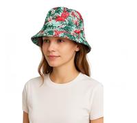 Tropical Print Bucket Hat, Green and Red Floral Pattern, Summer Beach Sun Protection