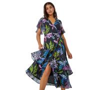 Tropical Print Chiffon Tiered Wrap Midi Dress Roman Black 12