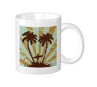 Tropical print mug with spray paint pattern - banana tree bird surfboard yellow light blue ceramic light weight office collection camping incl