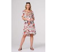Tropical Print Tie Neck Knee Length Dress Izabel London White 14