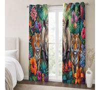 Tropical Rainforest Animals Blackout Curtains For Bedroom, Realistic Rhinoceros And Tiger Eyelet Curtains Insulated W30"×L66"(2 Panels) For Living Room, Window Treatments Room Decor - Dark Green