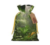 Tropical Rainforest Jungle Scene Christmas Drawstring Gift Bags with Tags, Xmas Gift Bags with Yellow Christmas Ribbon, Reusable Gift Wrapping Bag Fabric Goody Gift Sacks for Party Presents