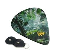 Tropical Rainforest Jungle Scene Printed Guitar Picks, 6 Pack with Leather Keychain Pick Holder - 0.46mm, 0.71mm, 0.96mm Assorted Thickness for Acoustic Ukulele, Electric Guitar