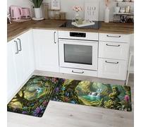 Tropical Rainforest Kitchen Rugs Set of 2 Anti Fatigue Floor Mat, Cartoon Magic Forest Waterfall Kitchen Mat for Home Decoration, Sage Green Non Slip Kitchen Rug Set Standing Mats - 44x75cm+44x120cm