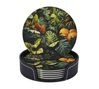 Tropical Rainforest Palm Leaves Round Leather Coasters Set Of 6 For Tabletop Protection Home Decor Housewarming Gift Barware