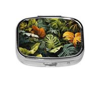 Tropical Rainforest Palm Leaves Square Pill Box with Full Print Design - Portable Metal Travel Case for Vitamins & Medication, 2.2x1.6x0.7 Inch.