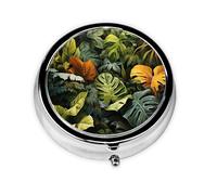 Tropical Rainforest Palm Leaves This Small, Round, Three-Compartment Travel Pill Box is Perfect for Storing Daily medications, Vitamins, and on-The-go.
