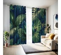 Tropical Rainforest Plants Blackout Thermal Curtains with Coating, Monstera Leaves Palm Leaves Darkening Eyelet Curtains Bedroom Curtains Drapes for UV Protected Soundsproof Energy Saving, Blue-Green
