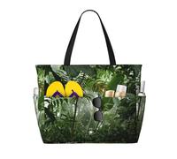 Tropical Rainforest Print Large Waterproof Beach Tote Bag for Women with Zip and Pockets Foldable Handbag for Travel Pool Shopping Holiday Gym