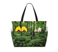 Tropical Rainforest Print Large Waterproof Beach Tote Bag for Women with Zip and Pockets Foldable Handbag for Travel Pool Shopping Holiday Gym