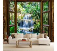 Tropical Rainforest Wallpaper Mural Window Waterfall Photo Wallpaper Forest 3D Wall Mural Non-Woven Premium Art Print Decoration Poster Picture for Living Room Bedroom TV Backdrop