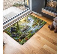 Tropical Rainforest Waterfalls Thin Door Mats Indoor 60 x 120 cm, Non Slip Front Mat, Elephants And Gorillas Low Profile Inside Entrance Rug, Easy to Clean for Entryway Bedroom Kitchen, Forest Green