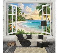 Tropical Resort Window View Tapestry Coconut Trees Beaches Forests Tapestries Wall Hanging | Blue-Green Aesthetic Poster Backdrop For Yoga Meditation Living Room Bedroom Garden Wall Decor, 60"X40"