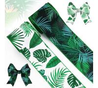 Tropical Ribbon for Wreath Bows - 2 Rolls Green Palm Leaf Decorative Wired Ribbon for Summer Gift Wrapping - 2.5 Inch × 5 Yards Ribbons for Wreath Crafts Luau Party DIY Decorations