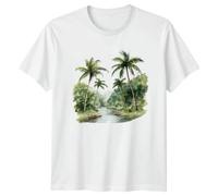 Tropical River Palm Trees Nature Landscape Mens T-Shirt Womens Tee Graphic Apparel Unisex Outdoor Artwork Top S White