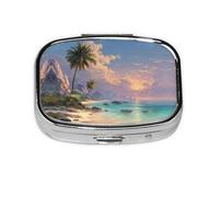 Tropical Scenery Print Pill Box 2 Compartment Medicine Pill Case,Portable for Pocket Or Purse Pill Box Decorative Metal Medicine Organizer