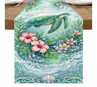 Tropical Sea Turtle Table Runner, Floral Beach Style Decor for Summer Dining and Ocean-Themed Parties 13x108 Inch