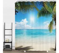 Tropical Seaside Landscape Shower Curtain 120 x 200 cm, 3D Palm Trees Seascape Bathroom Curtains, Waterproof Mould Proof Quick Dry Polyester Fabric Bath Curtain with 8 Hooks for Bathtub A.1948