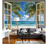 Tropical Seaside Style Murals,White Window Frame Palm Tree Pattern Wall Mural Wallpaper, Green Wallpaper For Bedroom Living Room 350 × 256 Cm Artwork Background Wall Stickers (Not Self-Adhesive)