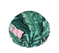 Tropical Shower Cap,Tropical Banana Grenn Leaves In The Pink Background Waterproof Double Layer Bath Caps Perfect For All Hair Lengths And Thicknesses