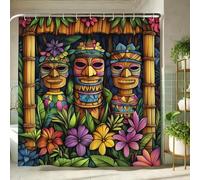 Tropical Shower Curtain, Colorful Tiki Mask Floral Bath Curtain for Bathroom Decor, Summer Bohemian Modern Nature Waterproof Fabric Shower Curtain Set with Hooks 62x72 Inch